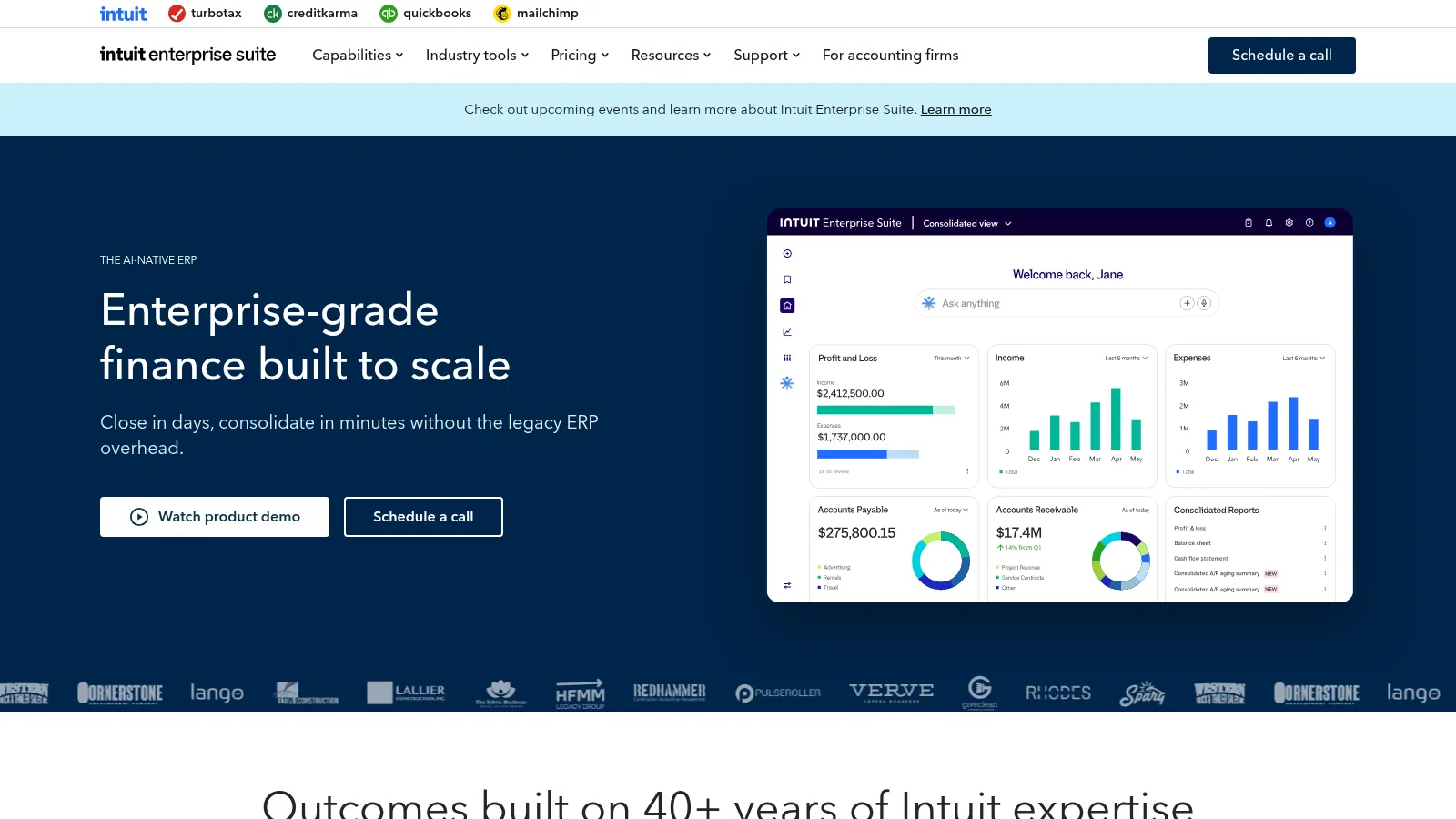The Intuit Enterprise Suite page: "Enterprise-grade finance built to scale," beside a consolidated dashboard of profit and loss, income, and expenses
