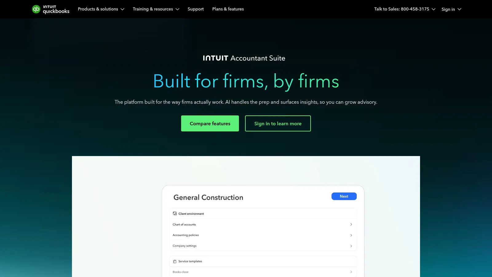 The Intuit Accountant Suite page: "Built for firms, by firms," above a client-setup screen for a general construction firm