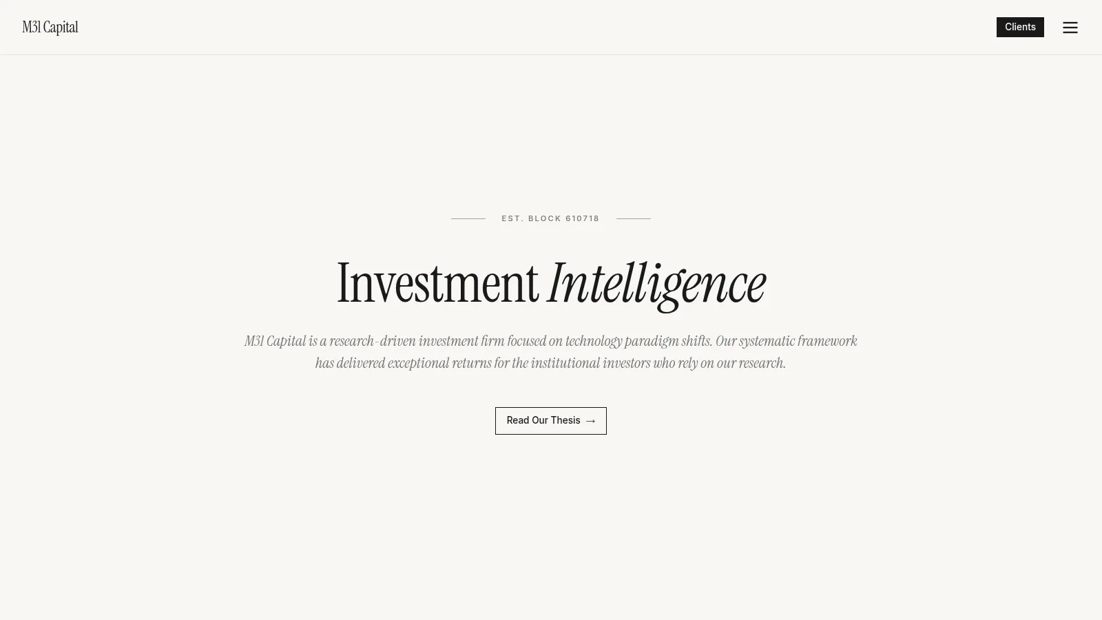 The M31 Capital homepage: "Investment Intelligence" above a line describing a research-driven investment firm focused on technology paradigm shifts