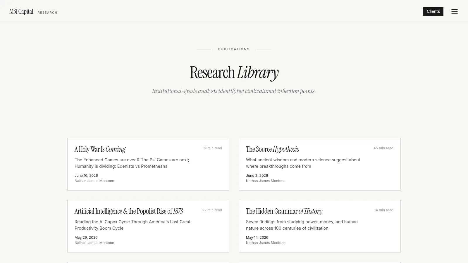 M31's Research Library page: a grid of published essays with titles, summaries, dates, and reading times