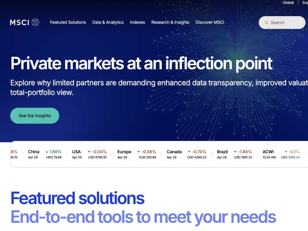The redesigned MSCI site, a "Private markets at an inflection point" hero above a live global index ticker