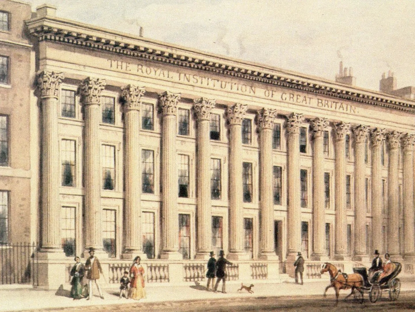 A period illustration of the Royal Institution's Corinthian colonnade, with figures and a horse-drawn carriage on the street