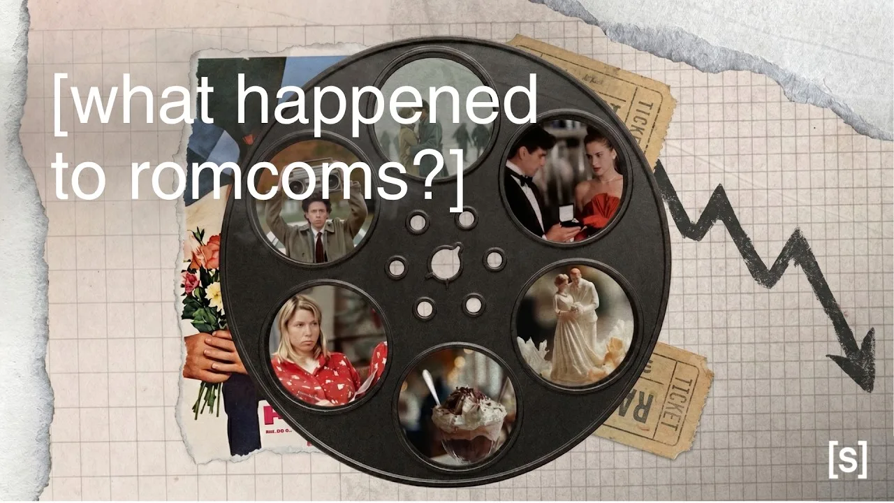 Collage thumbnail reading "[what happened to romcoms?]" around a film reel filled with romantic comedy stills and a falling chart line