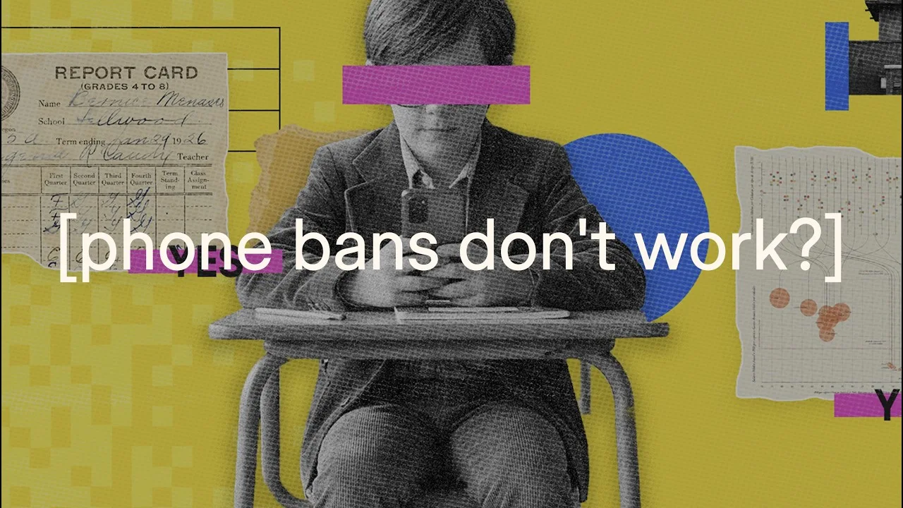 Collage thumbnail reading "[phone bans don't work?]" over a student at a school desk with a report card and phone