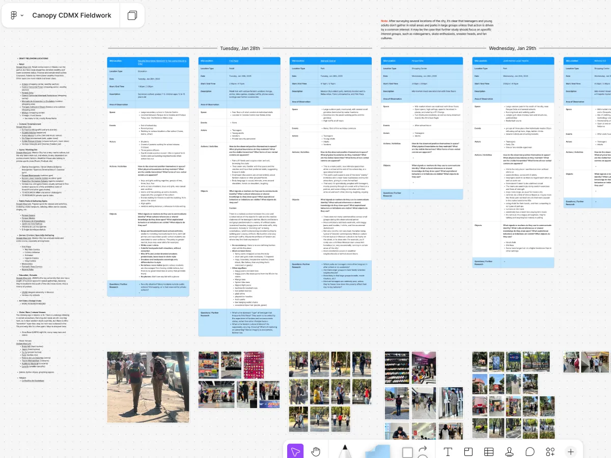 A shared board titled "Canopy CDMX Fieldwork", holding dated observation logs by site with photo strips beneath each column