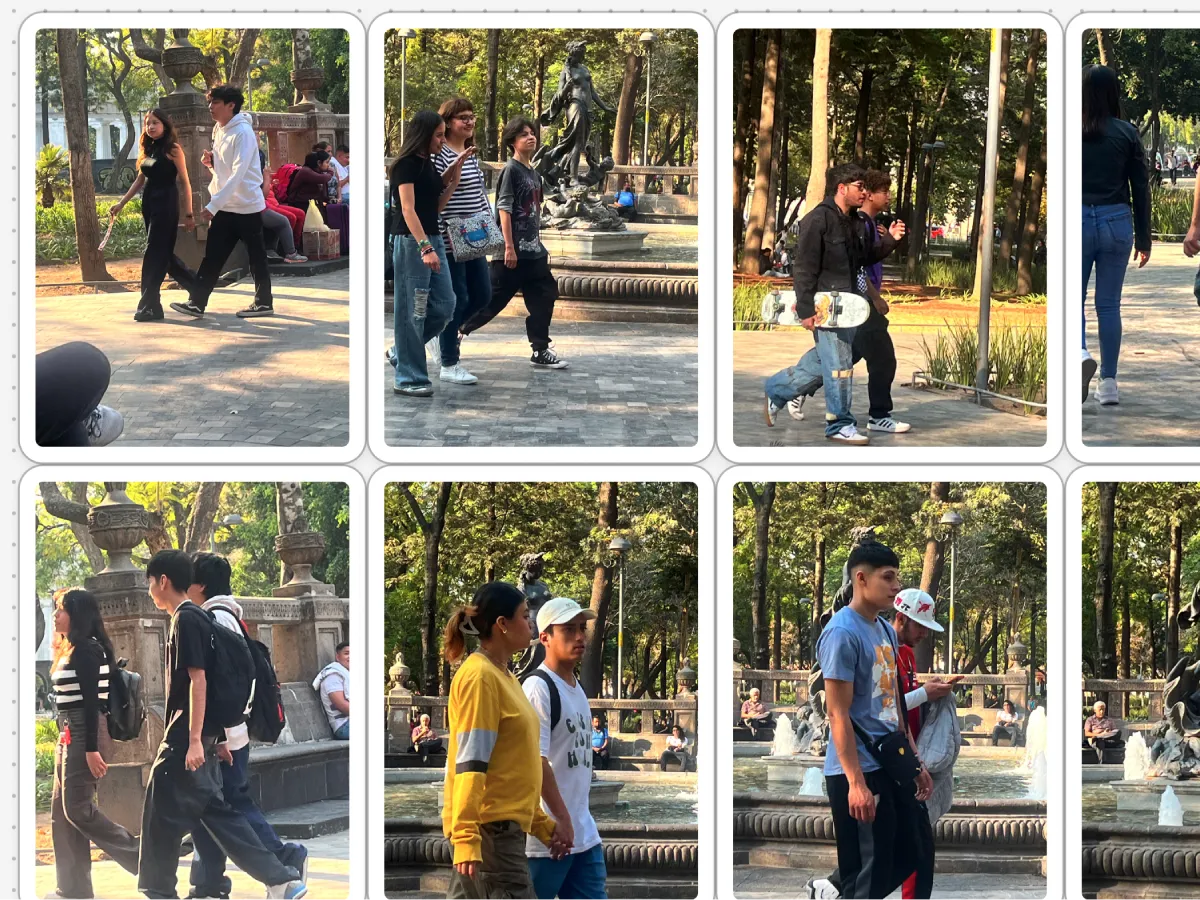 A contact sheet of street photographs of teenagers and young adults around a Mexico City park fountain