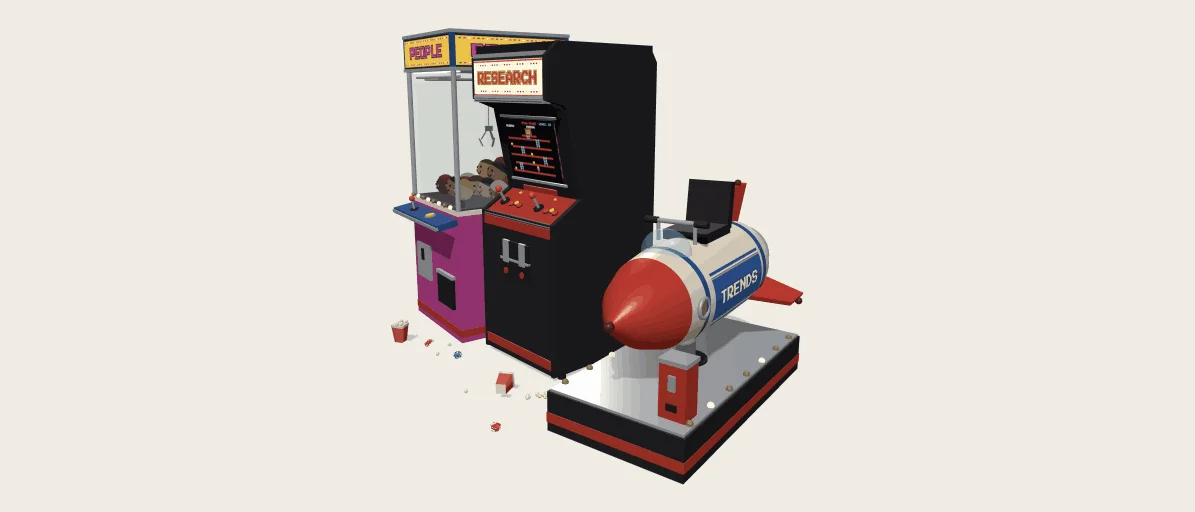 Illustrated arcade machines labelled People, Research and Trends: a claw machine, an upright cabinet and a rocket ride